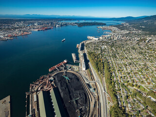 Stock aerial photo of Neptune Terminals and North Vancouver, Canada © Overflightstock