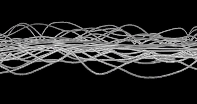 An abstract animation with flowing strings of shiny balls or pearls over a black background