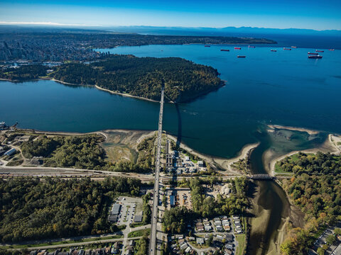 Stock aerial photo of Lions Gate Bridge and English Bay, Canada