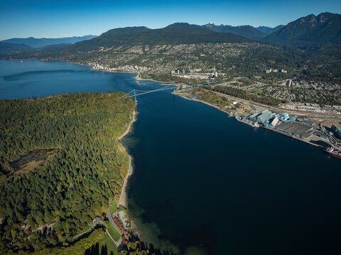 Stock aerial photo of The Lions Gate Bridge and West Vancouver, Canada