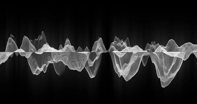 An abstract animation with dynamic, growing hills and valleys made from particles, resembling an audio waveform, over a black background