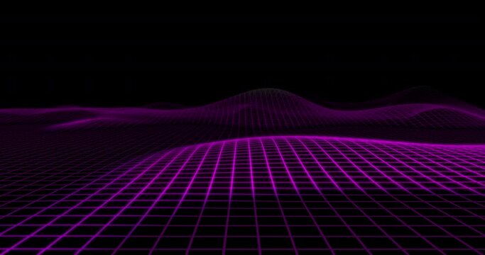 A retro 80s style animation with a glowing, 3D wireframe grid landscape forming hills that disappear into the black background