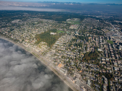 Stock aerial photo of White Rock and with fog, Canada