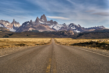 mount fitz roy and cerro torre, in El Chalten, Argentina, seen from the road
