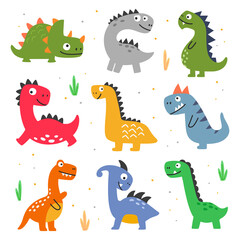 Vector illustration of set of various types of dinosaurs on white isolated background