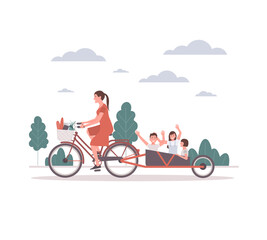 Young mother on a bicycle takes her children for a walk. Children are happy with their mothers for a walk.Mom takes care of the mental and physical well being of her children.