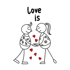 Hand drawing sketch doodle human stick figure couple in love with on a background of red heart vector illustration