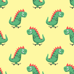 Seamless pattern with funny cheerful cartoon dino riding skateboard on yellow background