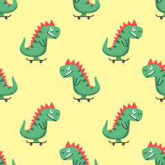 Fototapeta premium Seamless pattern with funny cheerful cartoon dino riding skateboard on yellow background