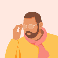Handsome young man with beard wearing glasses. Guy in orange stylish shirt. Vector illustration