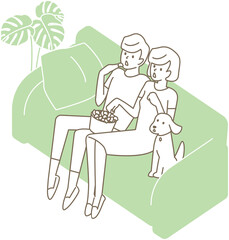 ソファに座ってテレビを見てびっくりするカップル。ベクターイラスト