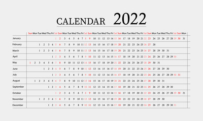 Calendar 2022 year. Week starts on Sunday. Vector illustration