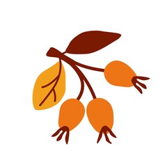 Autumn berries. Vector flat illustration on an isolated white background. A simple flat drawing of  berries with yellow brown leaves. Sticker, an element of autumn decor.