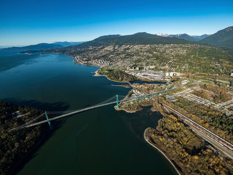 Stock aerial photo of Lions Gate Bridge and North Shore, Canada