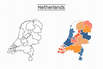 Netherlands map city vector divided by colorful outline simplicity style. Have 2 versions, black thin line version and colorful version. Both map were on the white background.
