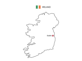 Hand draw thin black line vector of Ireland Map with capital city Dublin on white background.