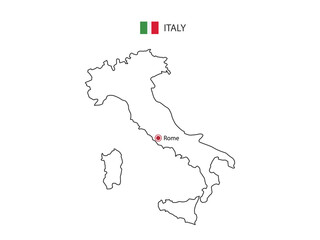 Hand draw thin black line vector of Italy Map with capital city Rome on white background.