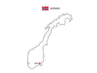 Hand draw thin black line vector of Norway Map with capital city Oslo on white background. - obrazy, fototapety, plakaty