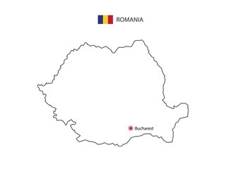 Hand draw thin black line vector of Romania Map with capital city Bucharest on white background.