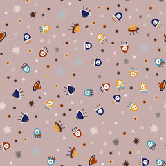 Ufo, space pattern. Vector illustration . Stars, rockets, planets, asteroids, meteorites. Fabrics and textiles for baby, children, kid. Seamless, endless universe background with aliens. 