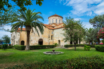 Fototapeta na wymiar Hagia Sophia in Trabzon, the view of architecture and garden in Trabzon, Turkey. Ayasofia is a formerly Greek Orthodox church which was converted into a mosque in 1584