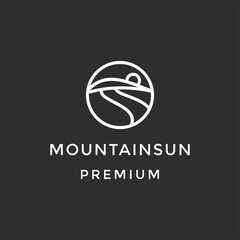 Black and white simple vector line art mountain landscape logo  on black background