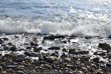 Black sea. Beautiful seascape. Pebble beach. The photo was taken in the spring in the resort town of Anapa.