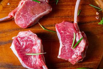 Raw Fresh Lamb Chops Wooden Cutting Board