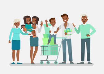 Big family grandparent, father, mother and children are shopping character vector design.
