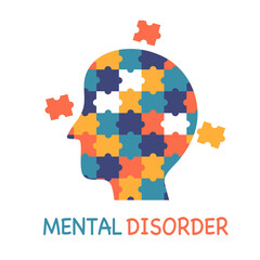 Mental disorder psychological depression. Mental illness. Psychotherapy. Human brain with jigsaw puzzles in flat design.