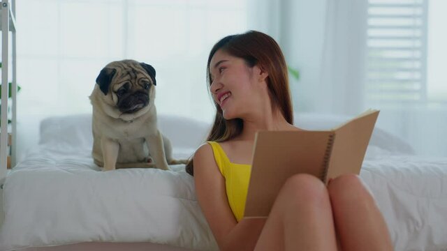 A beautiful asian woman reading book and talking her pet dog pug resting on bed in bedroom.  Enjoying relax time weekend with book in comfort cozy atmosphere.Animal enjoying its owner's love and care