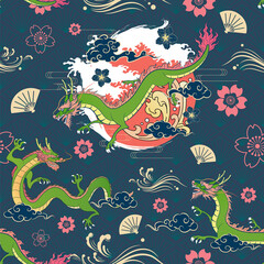Seamless Japanese Repeat Pattern Colorful Theme with Flying Dragon with The Sun, Torrential Wave Graphic and Different Cloud Shape on  Diamond Pattern Background Template Design for Wrapping Paper