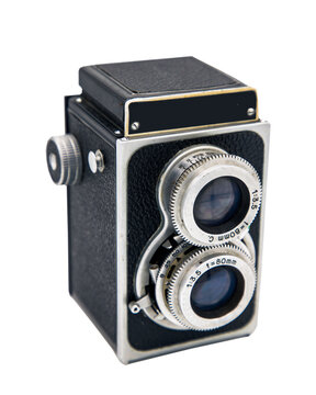 Bangkok, Thailand - 05 May 2021 :  Vintage twin lens reflex photo camera. Old two lens medium format film camera, isolated on white background with clipping path. An idea of old camera and memory, Sel