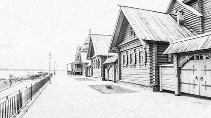 Wooden houses. Street with houses, sky. Architecture. Drawing in gray tones. Illustration