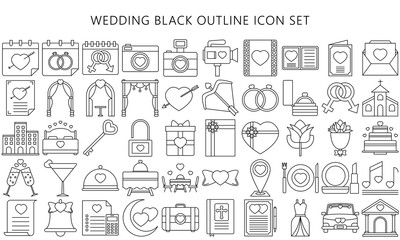 Collection of wedding thin line icons set, include decorations, invitation, heart, love and others. Used for modern concepts, web and apps. eps 10 ready convert to svg