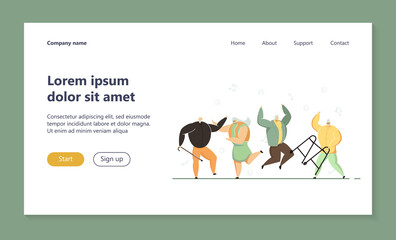 Group of happy old people jumping and dancing. Elders having fun to music, aged men and women at party flat vector illustration. Dance club concept for banner, website design or landing web page