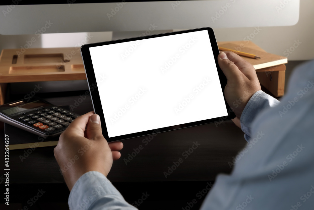 Poster hands holding digital mock up tablet touch screen device isolated screen and tablet pc with blank wh