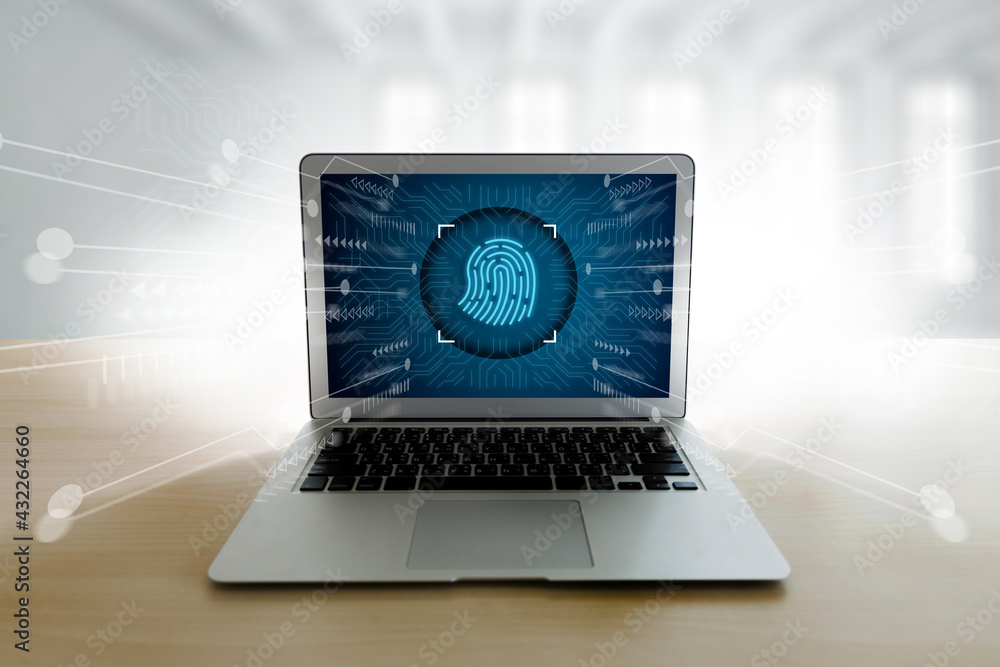 Poster businessman using fingerprint to access technology against digital business safety internet scan fin