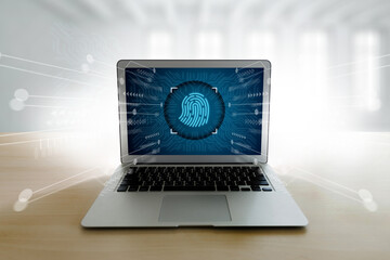 Businessman using fingerprint to access technology against digital Business Safety Internet scan...