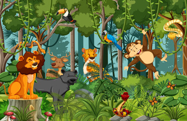 Personnage de dessin animé d& 39 animaux sauvages dans la scène de la forêt