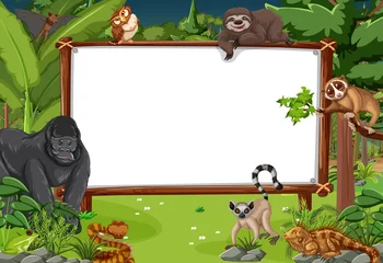 Poster Im Rahmen Blank banner in the rainforest scene with wild animals © blueringmedia