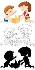 Kids building sand castle in color and in outline and silhouette
