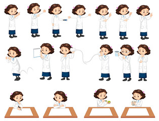 Set of a scientist girl doing different experiment