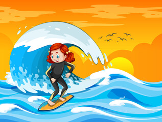 Big wave in the ocean scene with girl standing on a surf board