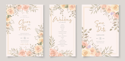 Set of elegant wedding card template with hand drawn floral decoration