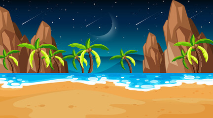 Fototapeta na wymiar Tropical beach scene with many palm trees at night