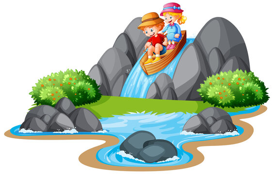 Children row the boat in the stream waterfall scene