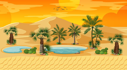 Desert forest landscape at sunset scene with oasis