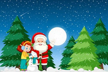 Santa Claus and cute girl creating snowman at night scene