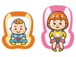 ベビーシートに座った赤ちゃん　チャイルドシートに座った子供